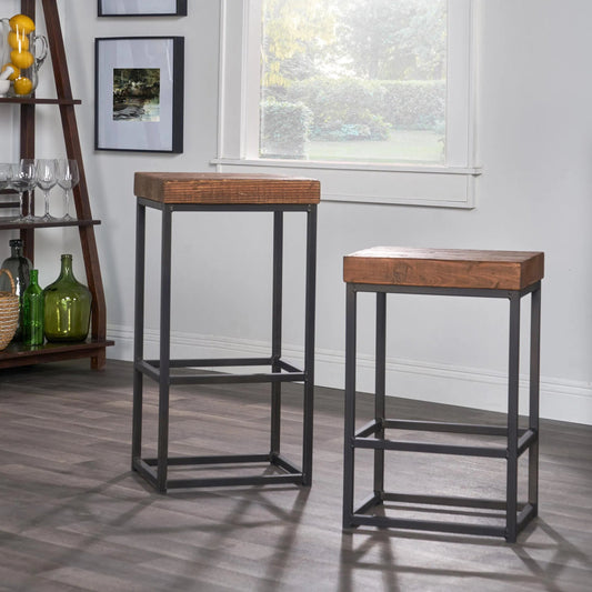Porter Barstool by Kosas Home in rustic mahogany. Made from reclaimed pine top, iron legs in a modern style.