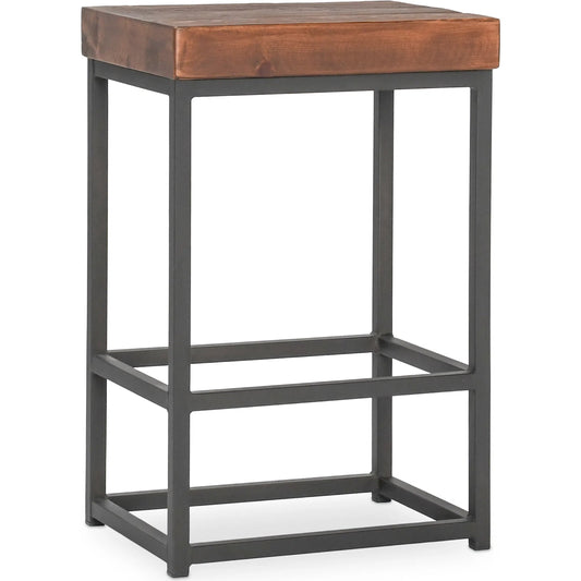 Porter Counter Stool by Kosas Home in rustic mahogany. Made from reclaimed pine top, iron legs in a modern style.