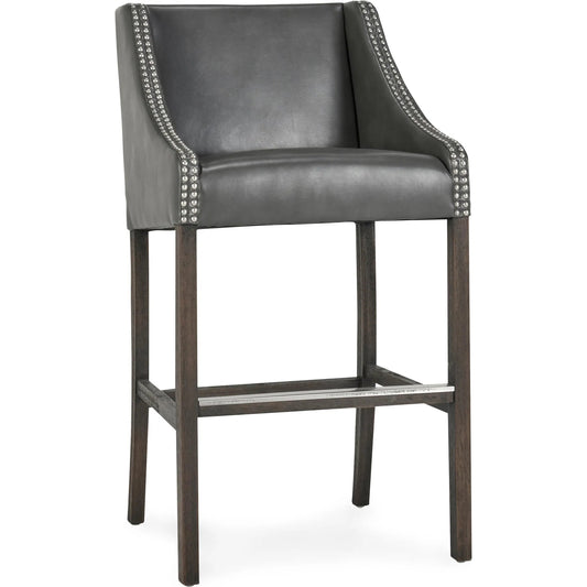 Castaic Leather Barstool by Kosas Home in charcoal gray upholstery, brown legs. Made from inspired leather upholstery, rubberwood legs in a modern style.