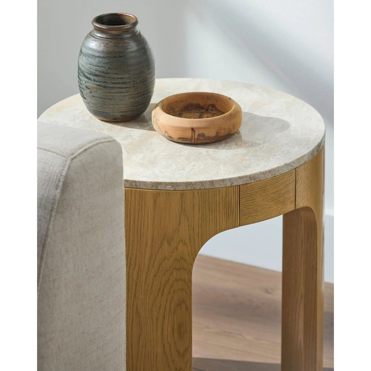 002 SI-2244616 | Lifestyle | Planar End Table by Surya in natural, cream. Made from marble, oak veneer, plywood in a transitional style.