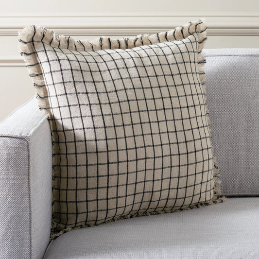 Shackelford Pillow by HedgeApple Essentials in natural, black. Made from linen, zipper, 100% virgin quality vacuum packed filler in a modern style.