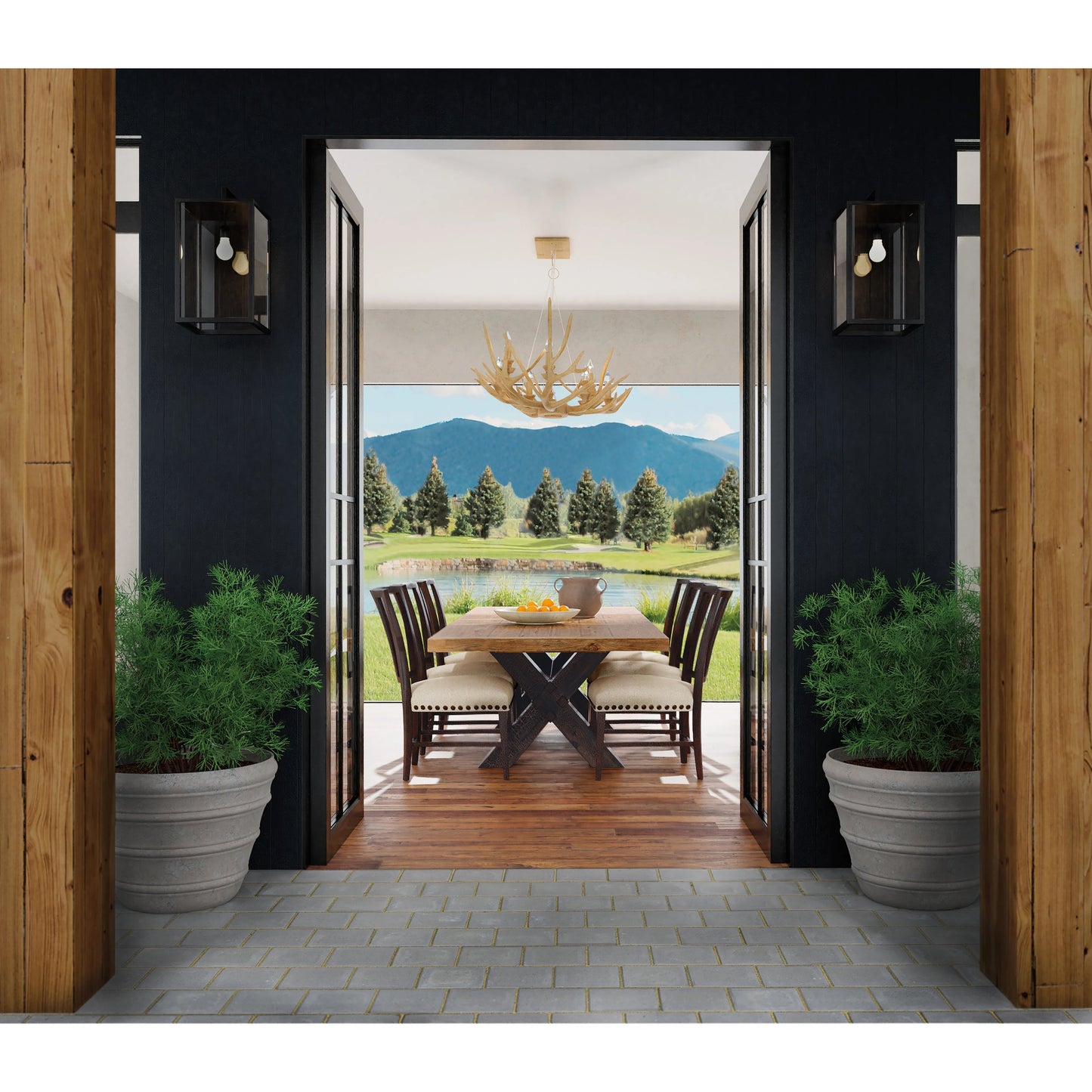 006 SI-1959537 | Lifestyle | Big Sky Trestle Dining Table by Hooker Furniture in vintage natural, charred timber. Made from pecky hickory veneers, solid-wood edged top in a modern style.