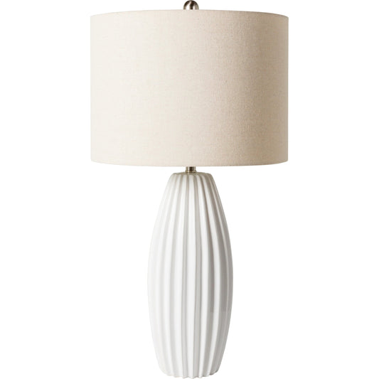 Pangong - 32539 by Surya in translucent, metallic nickel, white, beige and glazedplated. Made from shade (outside): linen, shade (inside): polyester, body: ceramic, finial: metal, harp: iron in a modern style.