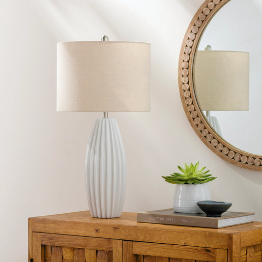 Pangong - 32539 by Surya in translucent, metallic nickel, white, beige and glazedplated. Made from shade (outside): linen, shade (inside): polyester, body: ceramic, finial: metal, harp: iron in a modern style.