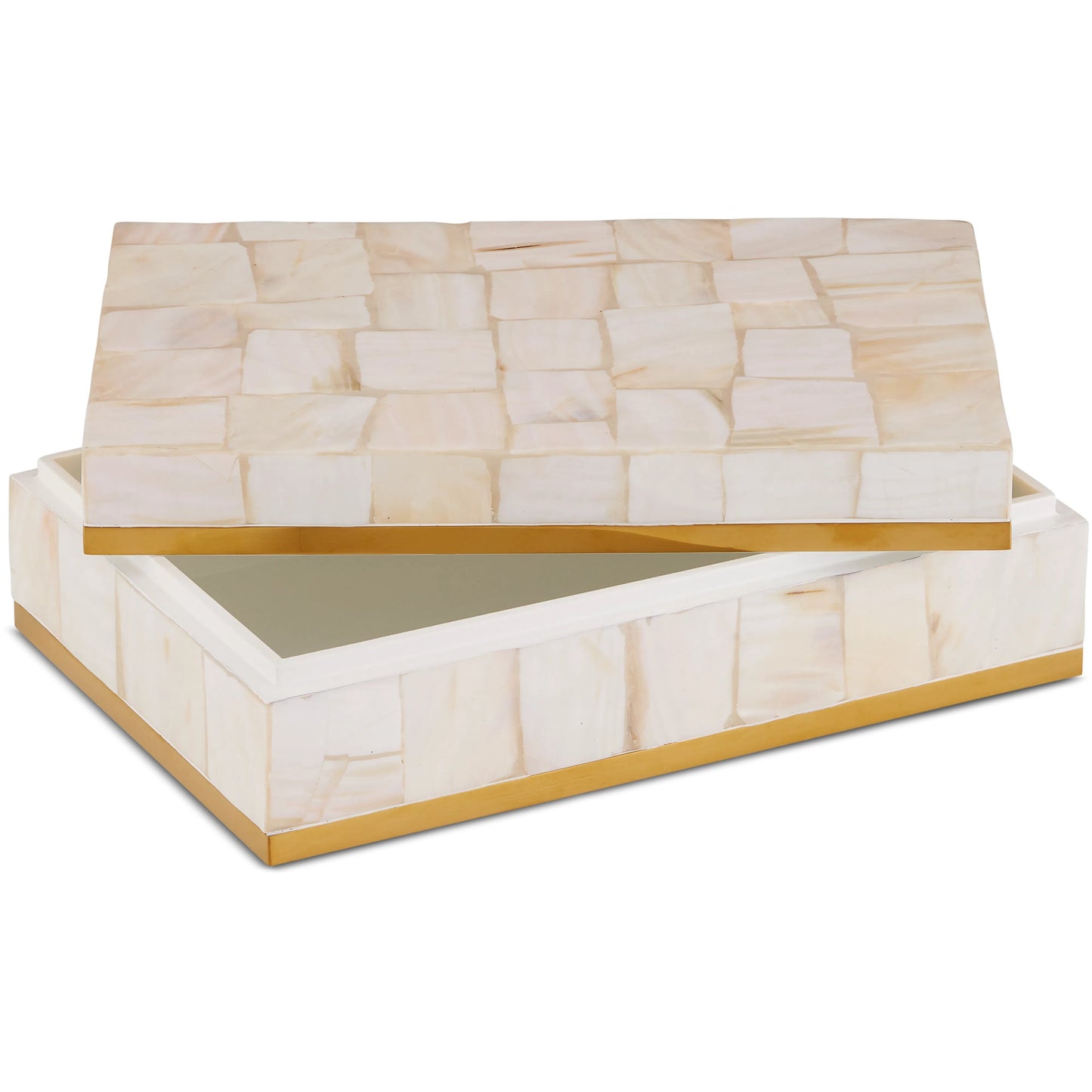 004 SI-2191684 | Additional Silo | Casey Mother-Of-Pearl Box by Currey and Company in natural, white, polished brass. Made from mother of pearl, engineered wood, brass in a modern style.