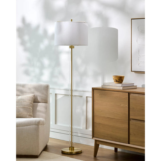 Peninsula Floor Lamp by Livabliss in body: clear, metallic - brass, base: metallic - brass, shade: white, finial: metallic - brass, harp: metallic - brass, cord: translucent and plated, translucent. Made from body: glass, metal