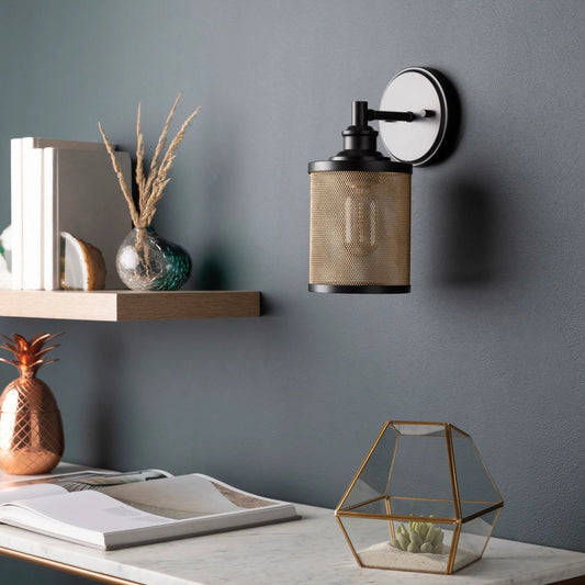 Porson Wall Sconce - 25329 by Surya in black, gold and painted. Made from metal, metal mesh in a cottage & farmhouse style.