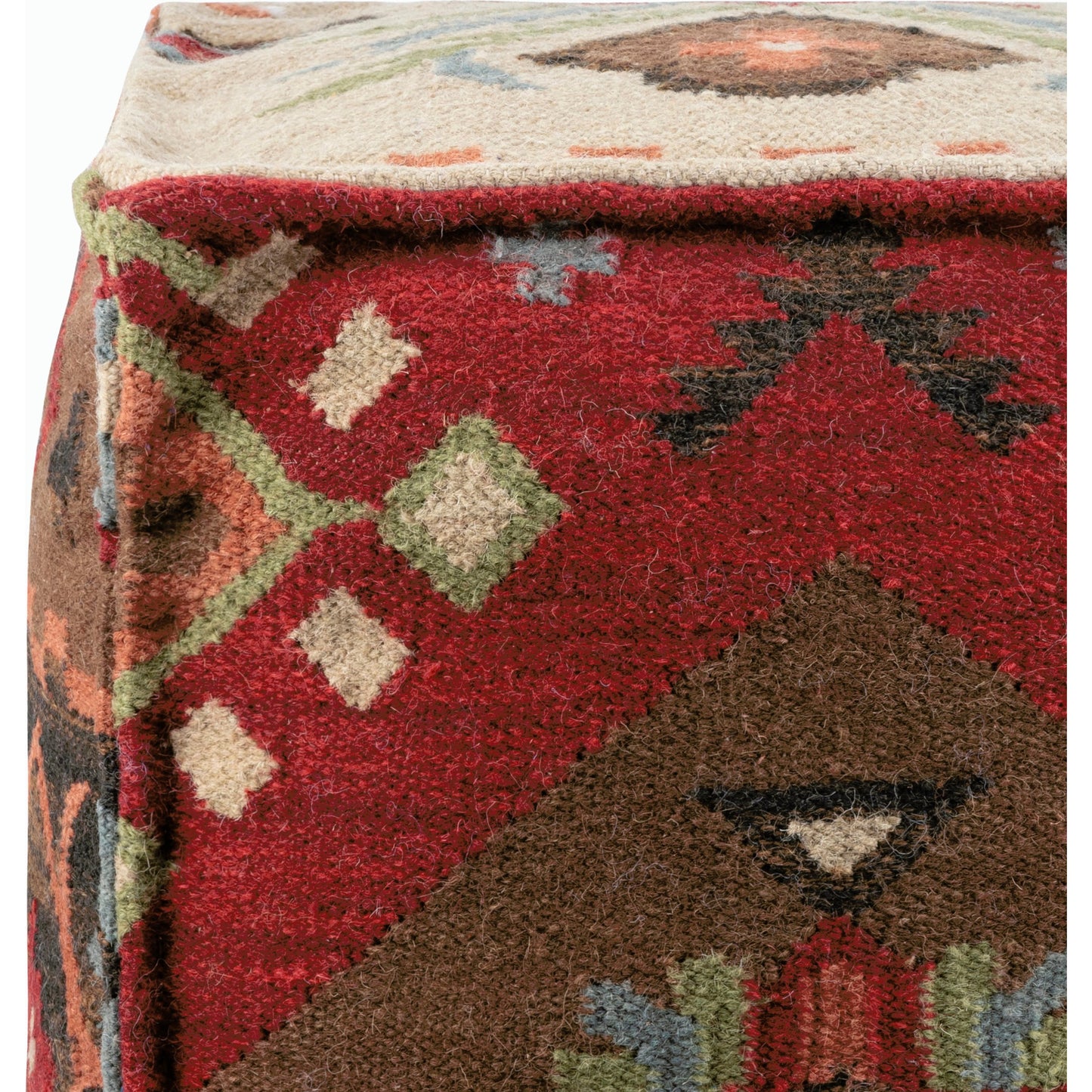 002 O-SURYA-POUF-17 | Closeup | Frontier - 16466 by Livabliss in burgundy, beige, mocha, chocolate, rust, teal, olive. Made from 100% wool in a rustic style.