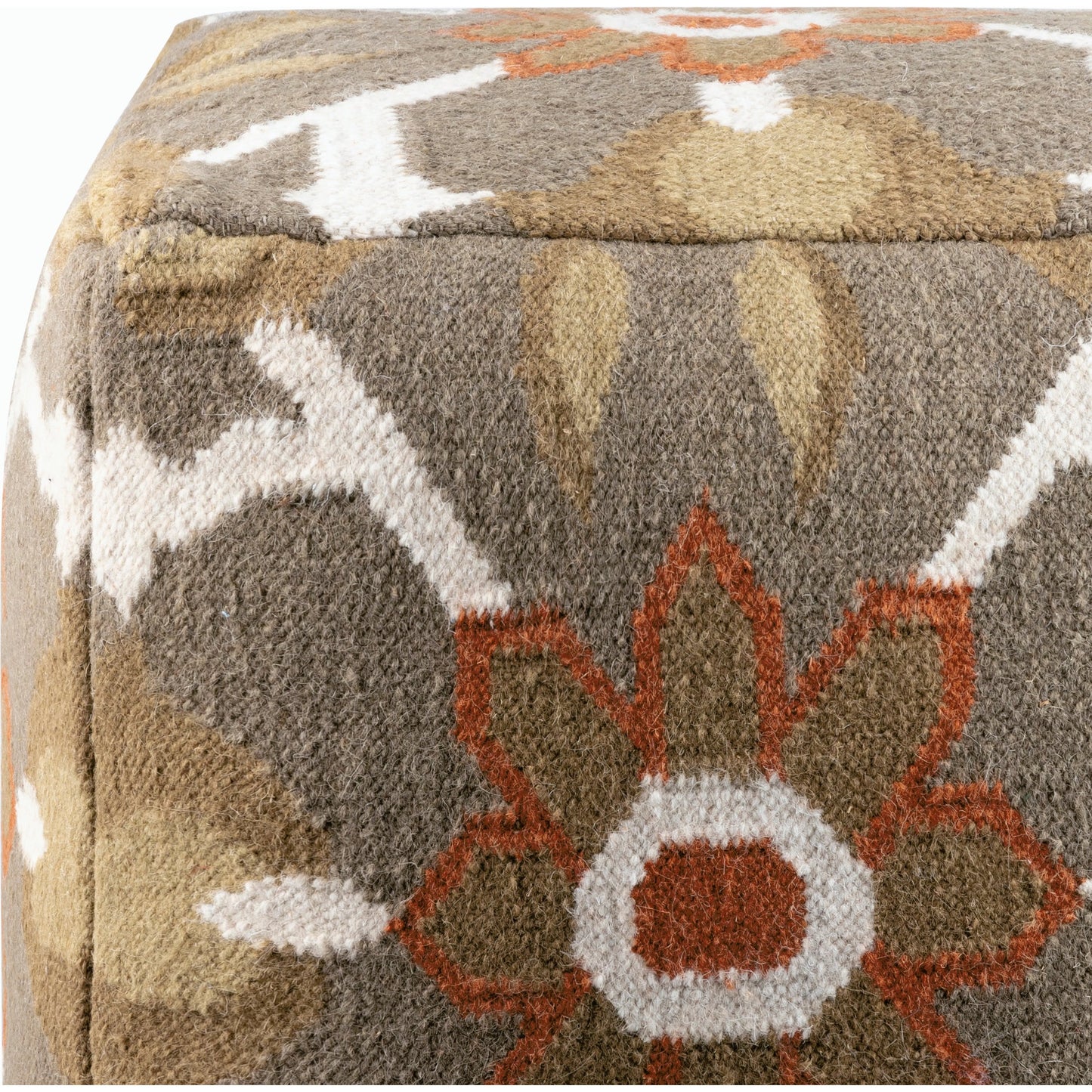 002 O-SURYA-POUF-33 | Closeup | Frontier - 9625 by Livabliss in olive, coral, tan, beige. Made from 20% cotton, 80% wool in a modern style.