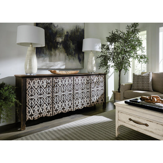 Americana Entertainment 4-Door Credenza by Hooker Furniture in molasses. Made from oak veneers with solid-wood edge top in a modern style.
