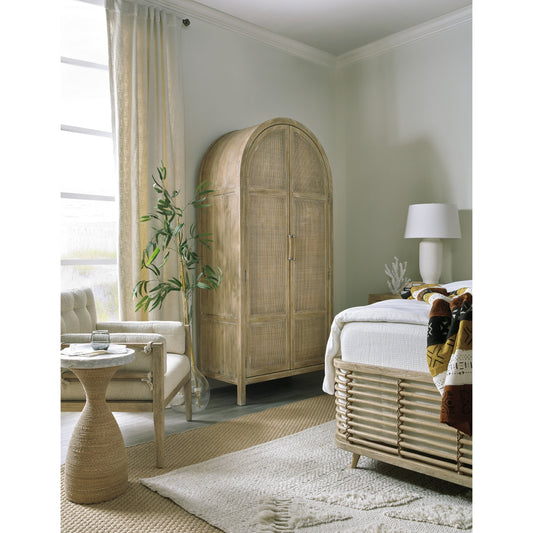 Surfrider Wardrobe by Hooker Furniture in driftwood. Made from pecan veneers, rattan, self-closing undermount drawer guides in a coastal style.