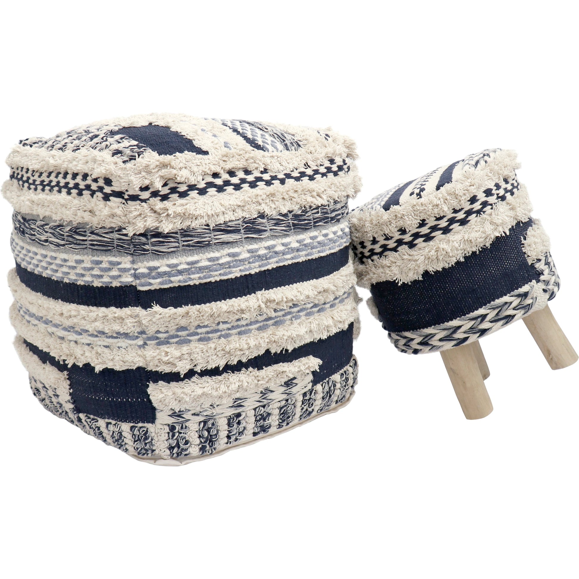 Grand Canyon Navy Pouf by Pasargad Home in navy. Made from cotton in a modern style.