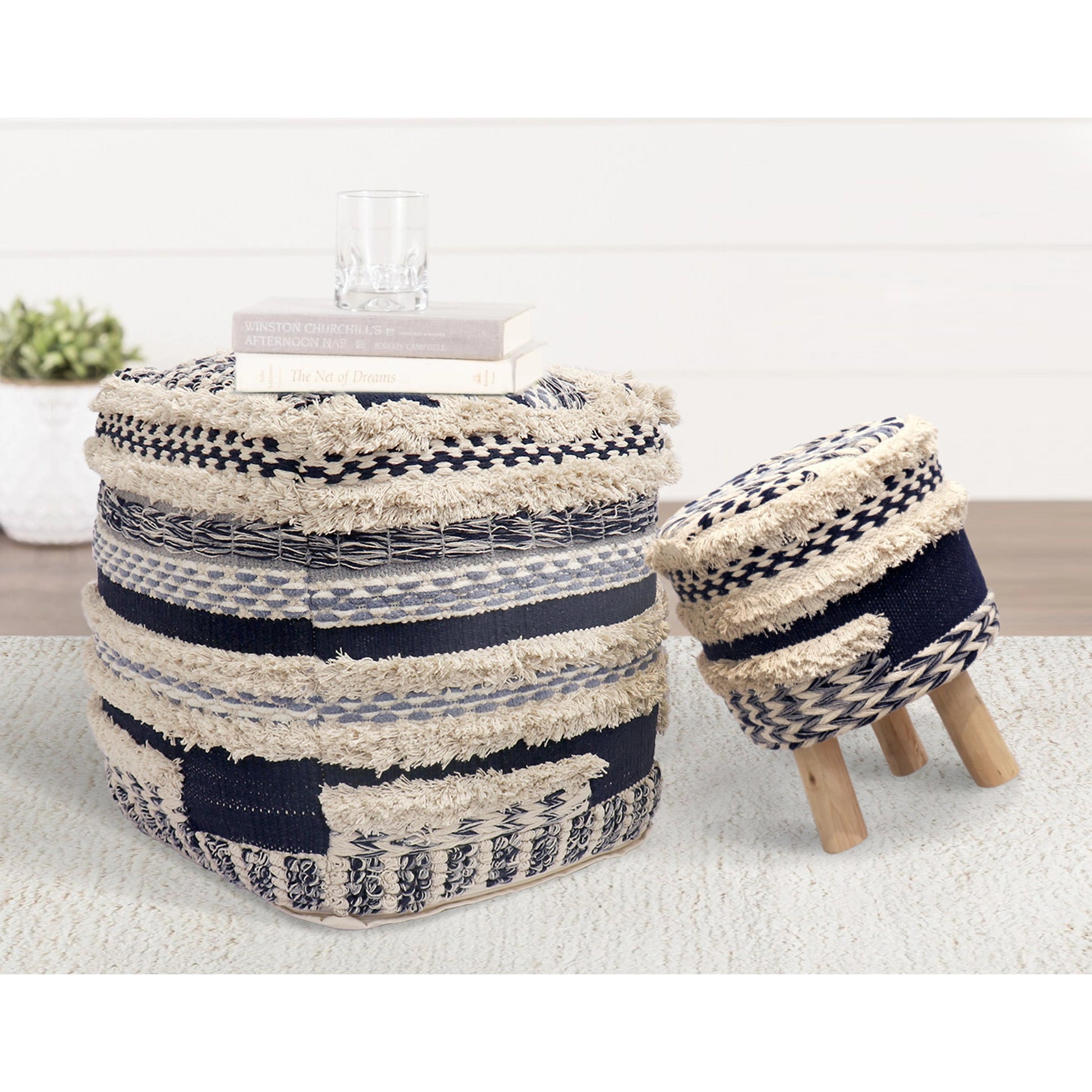 Grand Canyon Navy Pouf by Pasargad Home in navy. Made from cotton in a modern style.