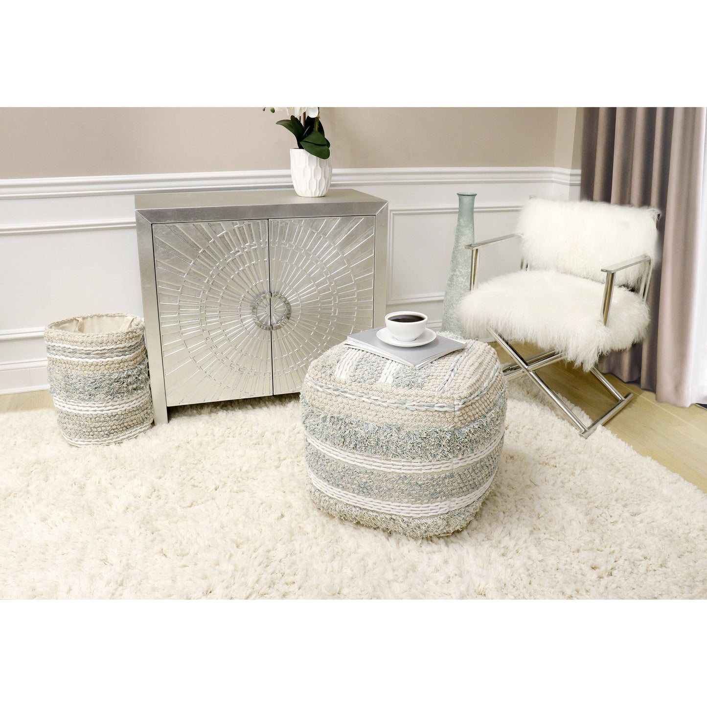 028 SR-702412 | Lifestyle | Grand Canyon Pouf by Pasargad Home. Made from cotton in a modern style.