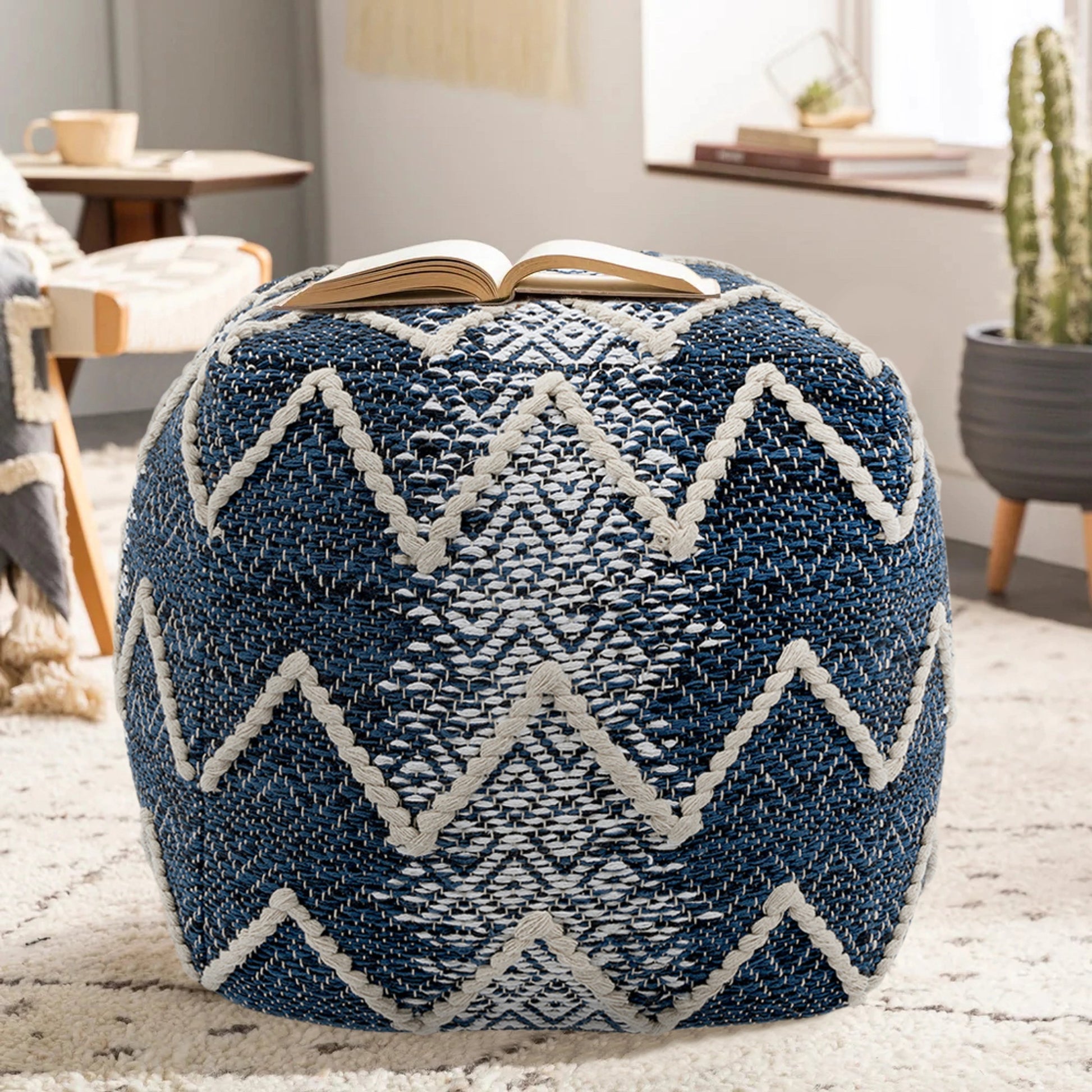 Grand Canyon Blue Pouf by Pasargad Home in blue. Made from cotton in a modern style.