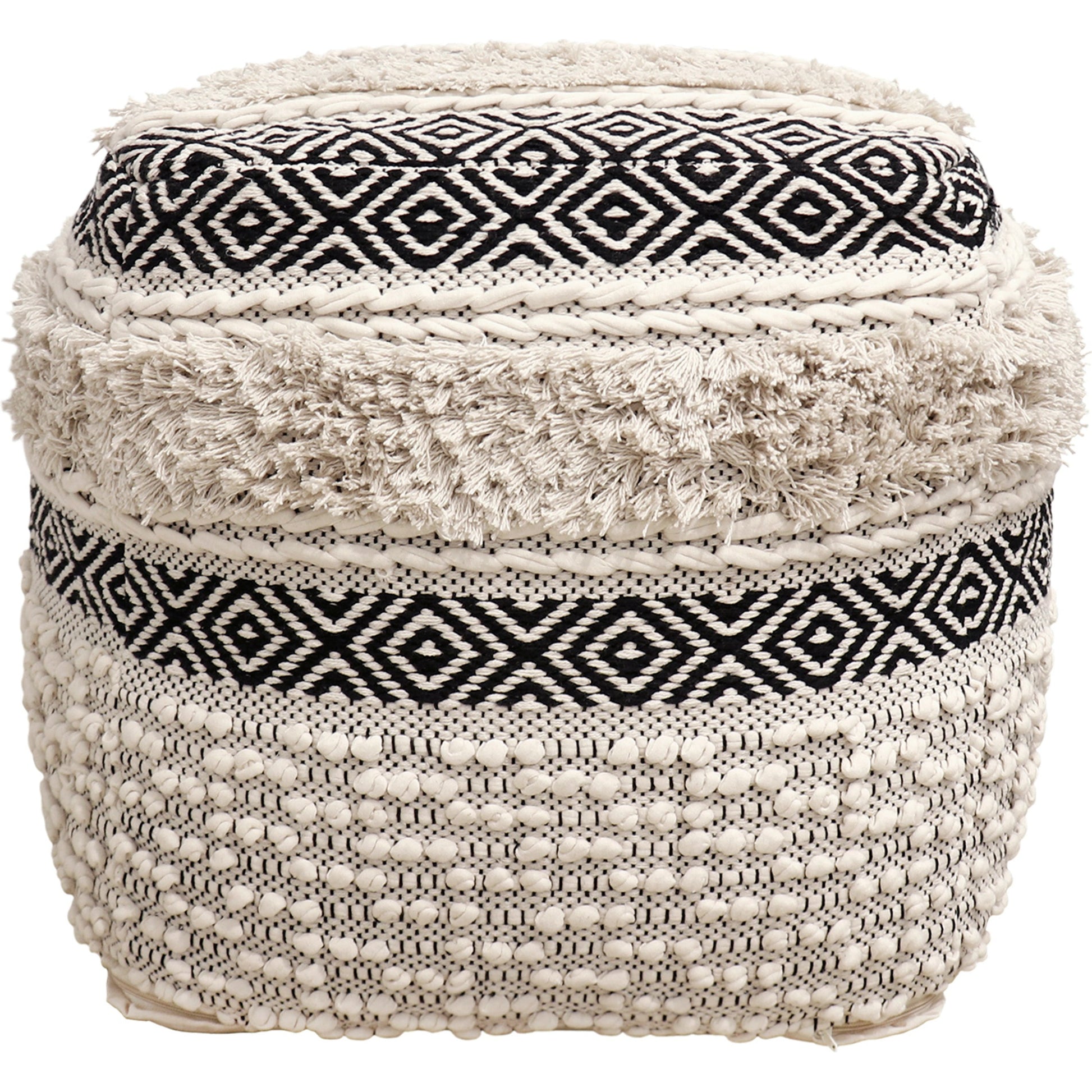 Grand Canyon Black Pouf by Pasargad Home in ivory, black. Made from cotton in a cottage & farmhouse style.