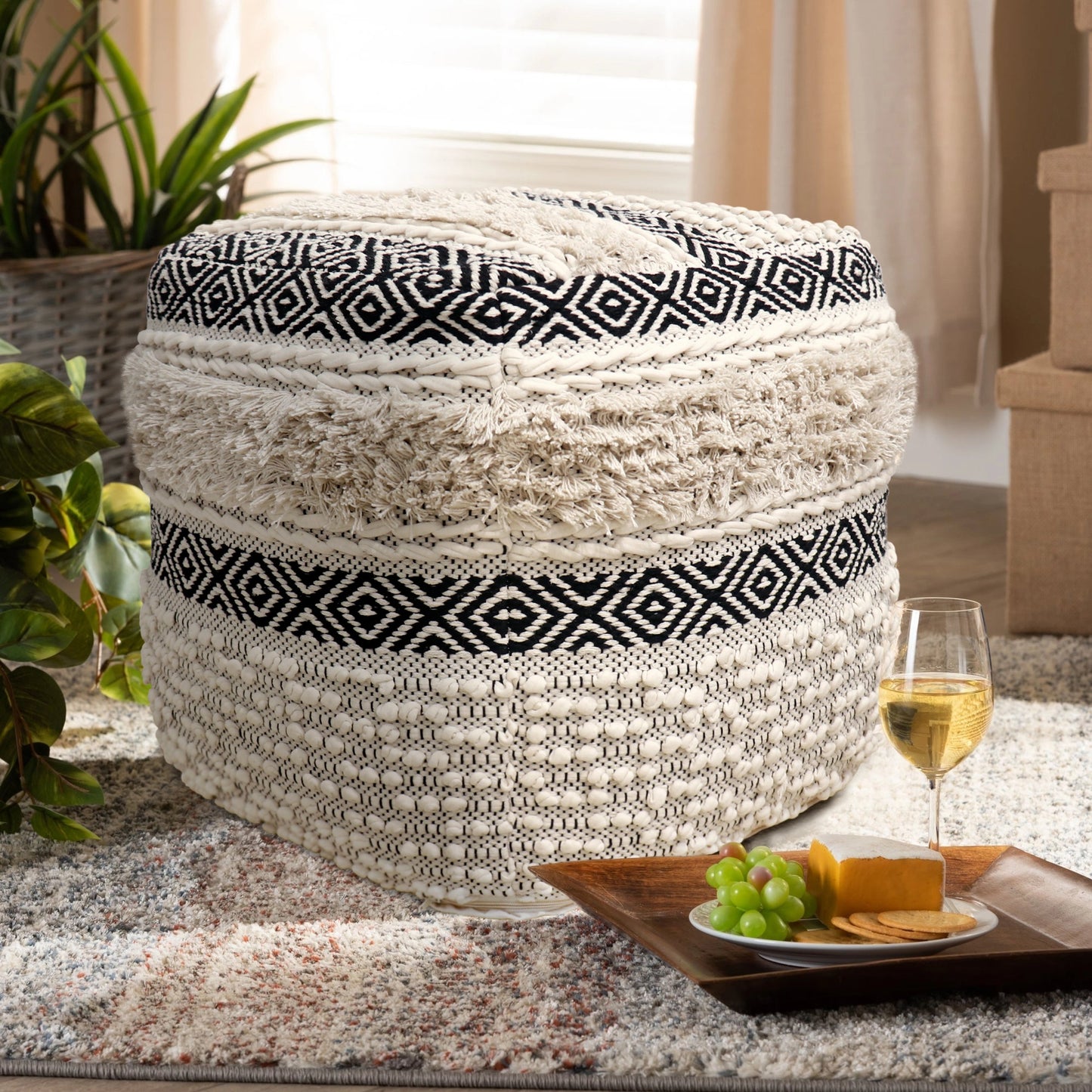 005 SI-1990641 | Lifestyle | Grand Canyon Black Pouf by Pasargad Home in ivory, black. Made from cotton in a cottage & farmhouse style.
