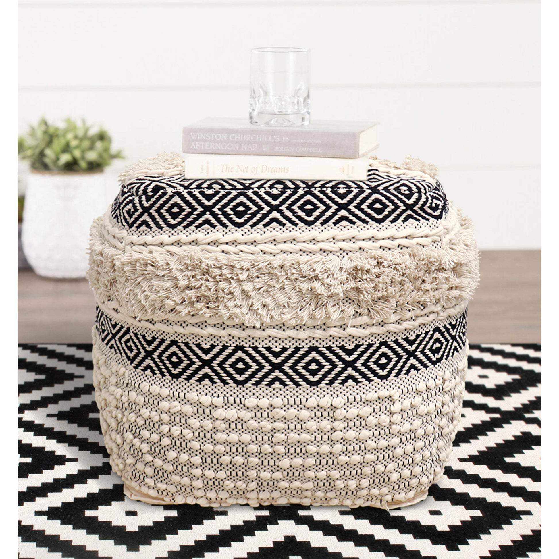 Grand Canyon Black Pouf by Pasargad Home in ivory, black. Made from cotton in a cottage & farmhouse style.