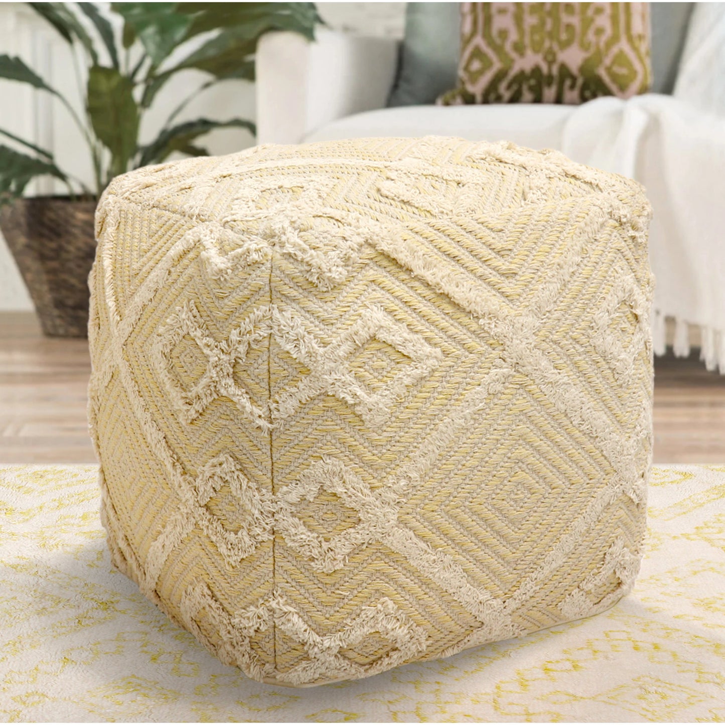 005 SI-1990642 | Lifestyle | Grand Canyon Yellow Pouf by Pasargad Home in yellow. Made from cotton in a modern style.