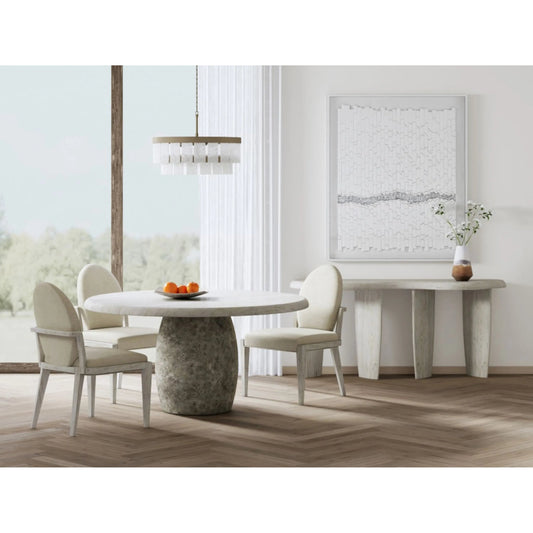 Ashlar Round Dining Table by A.R.T. Furniture in bisque, sanded bronze. Made from parawood solids, birch veneers, resin in a transitional style.