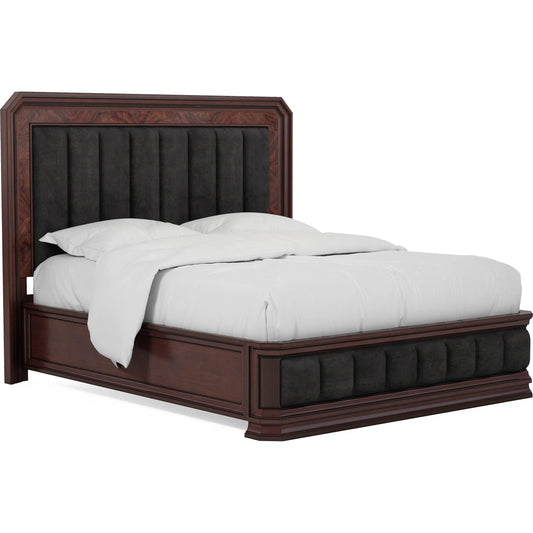Revival Upholstered Bed by A.R.T. Furniture in charcoal and napa mahogany. Made from rubberwood solids, quarter mahogany veneer, foam, fabric, resin in a traditional style.
