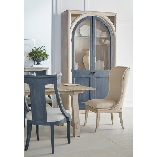 Alcove Display Cabinet by A.R.T. Furniture in belgian ivory, slate blue. Made from acacia solids, maple veneers, glass, linen, metal in a modern style.