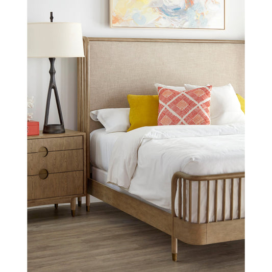 Finn Upholstered Shelter Bed by A.R.T. Furniture in tawny. Made from parawood solids, elm veneer, foam, fabric, metal in a modern style.