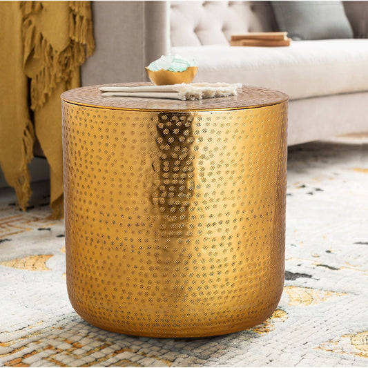 Corfu Storage Side Table by Pasargad Home in gold. Made from aluminum in a eclectic & global style.