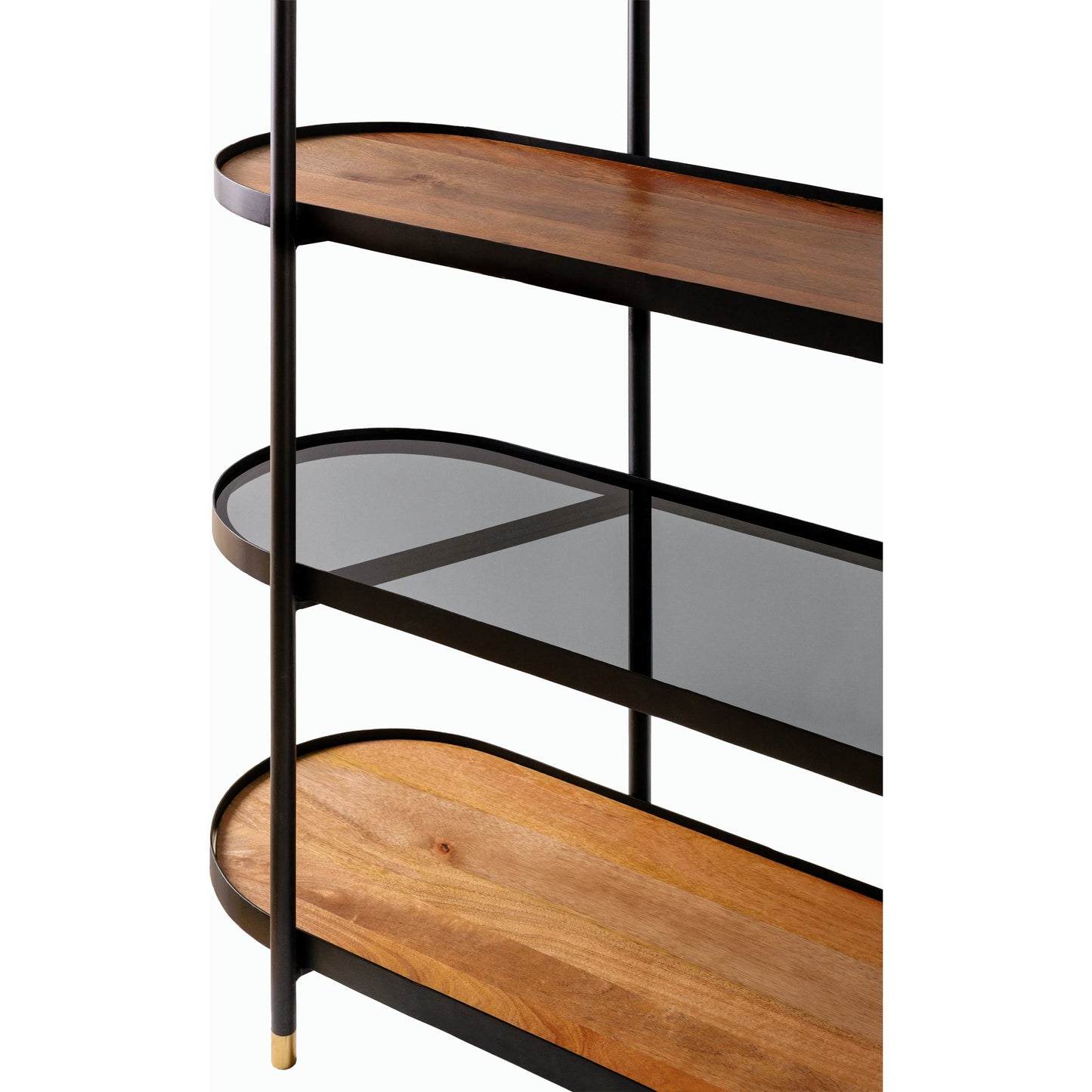 003 SI-2164712 | Closeup | Pearson Bookcase - 530641 by Surya in top: dark brown, black, base: black and powder coatedstainedtinted. Made from mango wood, glass, iron in a modern style.