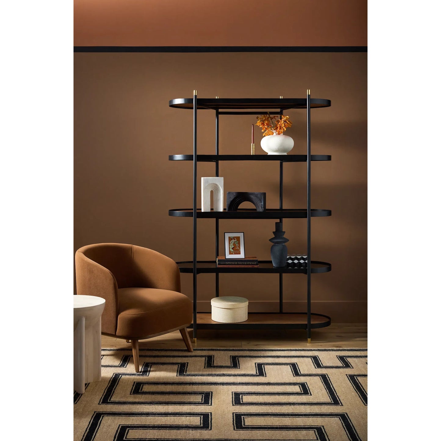 005 SI-2164712 | Lifestyle | Pearson Bookcase - 530641 by Surya in dark brown, black and powder coatedstainedtinted. Made from mango wood, glass, iron in a modern style.