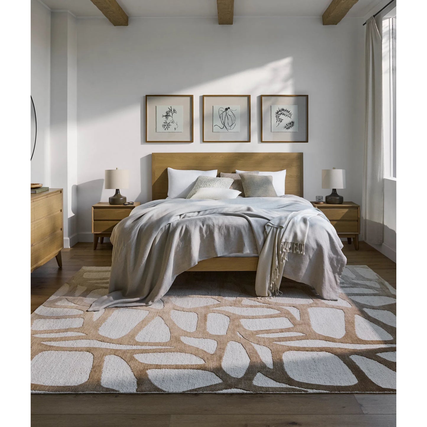 004 SI-2133396,SI-2133397 | Lifestyle | Pryce Platform Bed by Surya in brown and wood finish. Made from oak in a modern style.