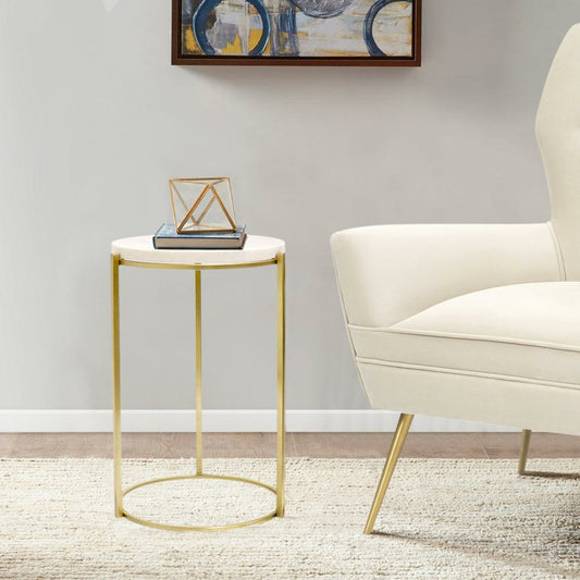 Carina Side Table by Pasargad Home in gold. Made from marble, steel in a transitional style.