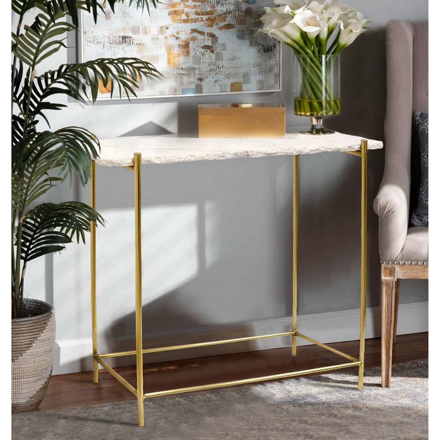 007 SI-1718125 | Unknown | Vasto Console by Pasargad Home in gold. Made from marble, steel in a transitional style.