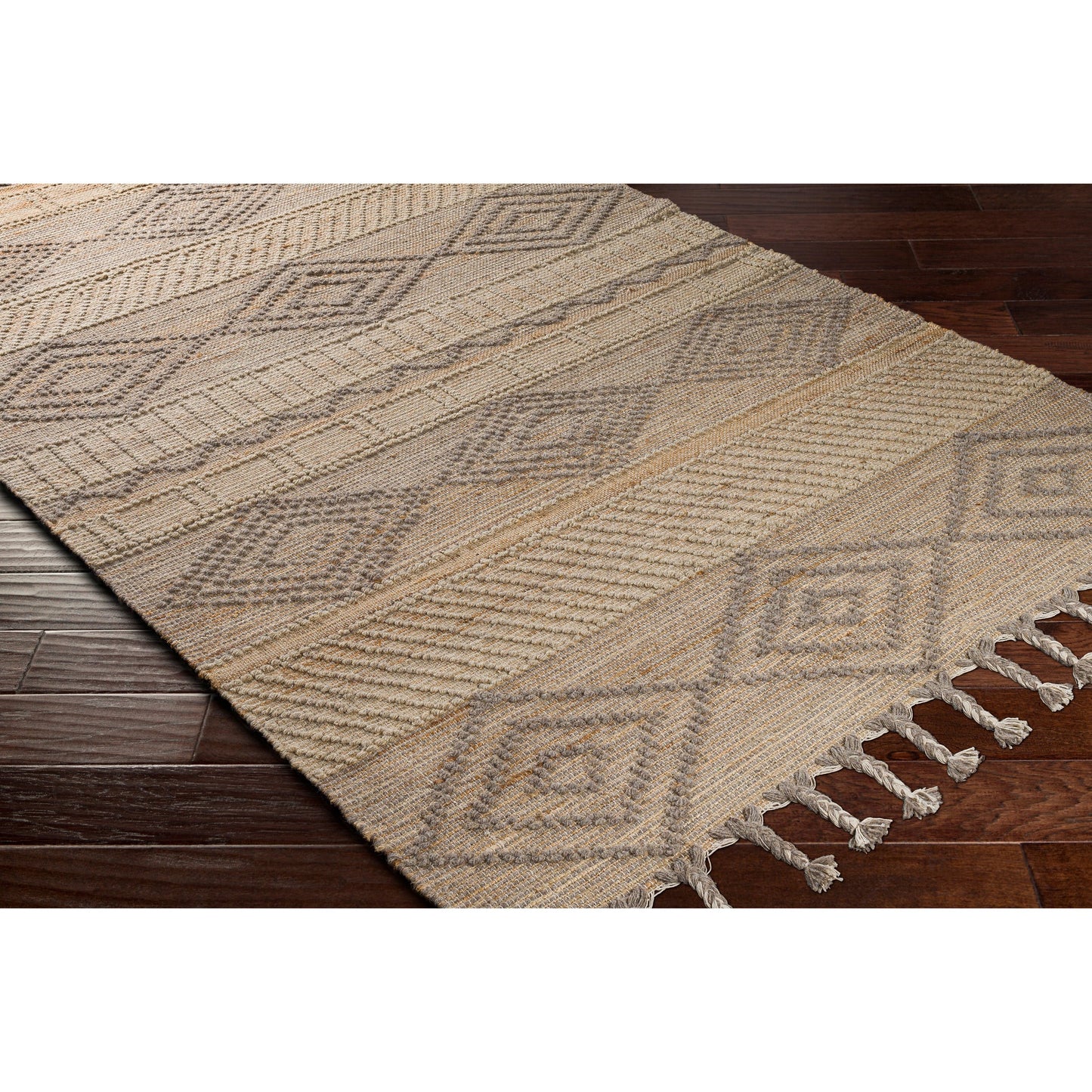 003 SI-1756583,SI-1756584,SI-1756586,SI-1756587,SI-1756588 | Closeup | Preston Rug - 29253 by Surya in tan, medium gray. Made from 50% jute, 50% wool in a unique style.