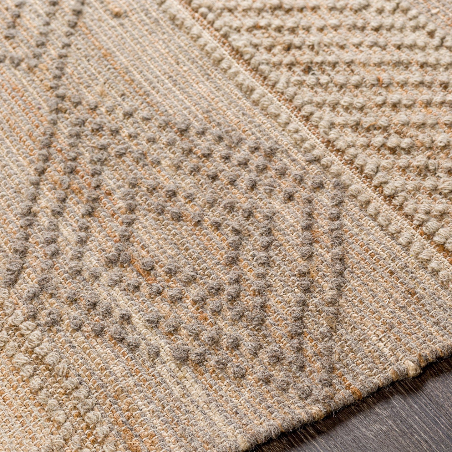 004 SI-1756583,SI-1756584,SI-1756586,SI-1756587,SI-1756588 | Closeup | Preston Rug - 29253 by Surya in tan, medium gray. Made from 50% jute, 50% wool in a unique style.