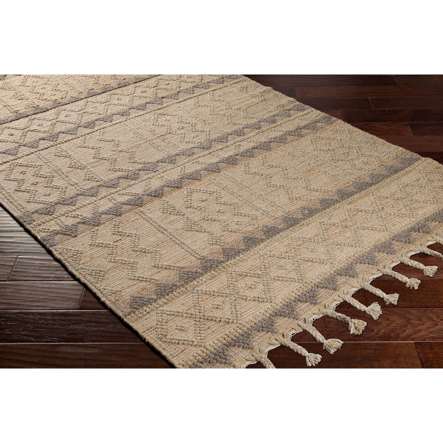 003 SI-1756589,SI-1756590,SI-1756591,SI-1756592,SI-1756593,SI-1756594 | Closeup | Preston Rug - 29254 by Surya in tan, medium gray. Made from 50% jute, 50% wool in a unique style.