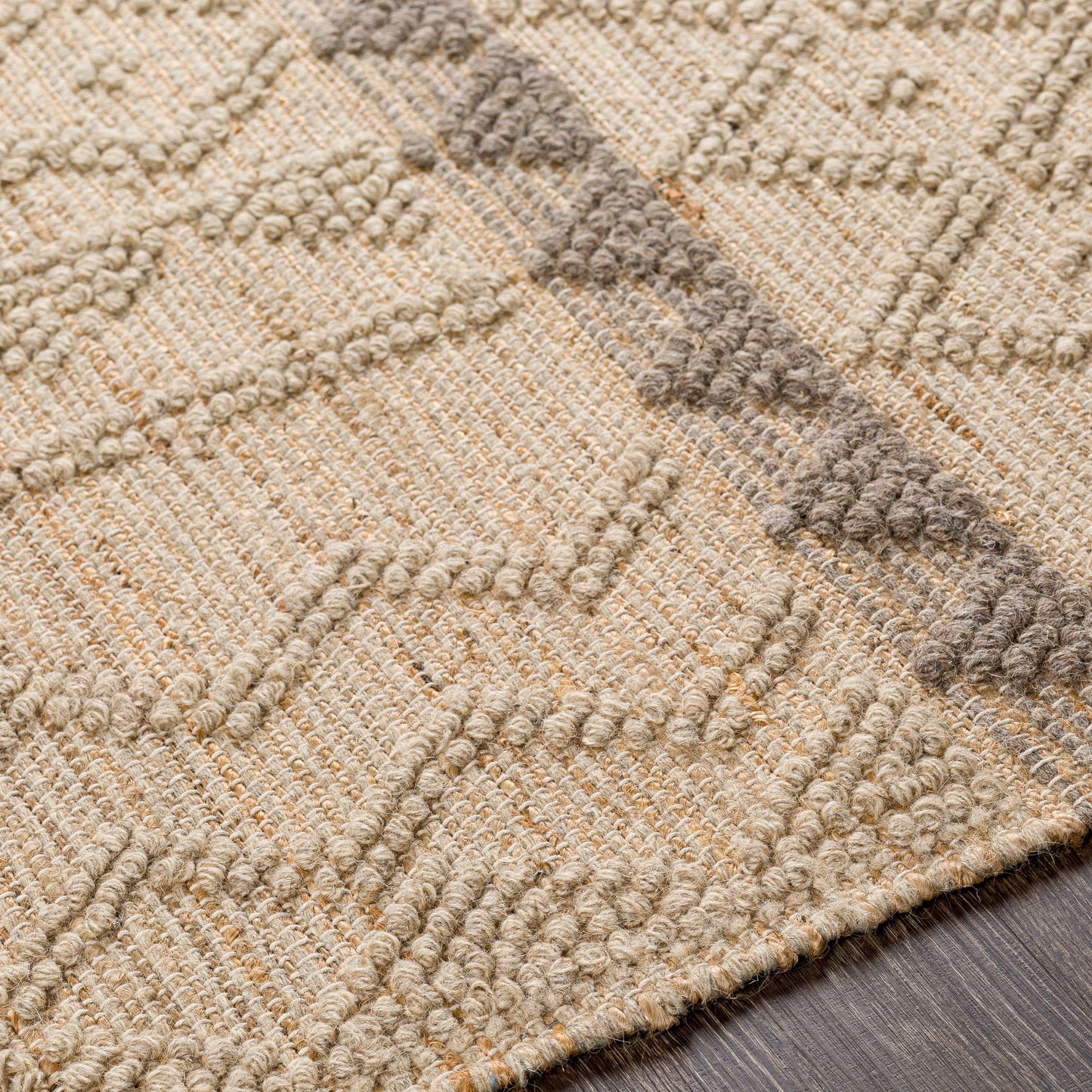 004 SI-1756589,SI-1756590,SI-1756591,SI-1756592,SI-1756593,SI-1756594 | Closeup | Preston Rug - 29254 by Surya in tan, medium gray. Made from 50% jute, 50% wool in a unique style.