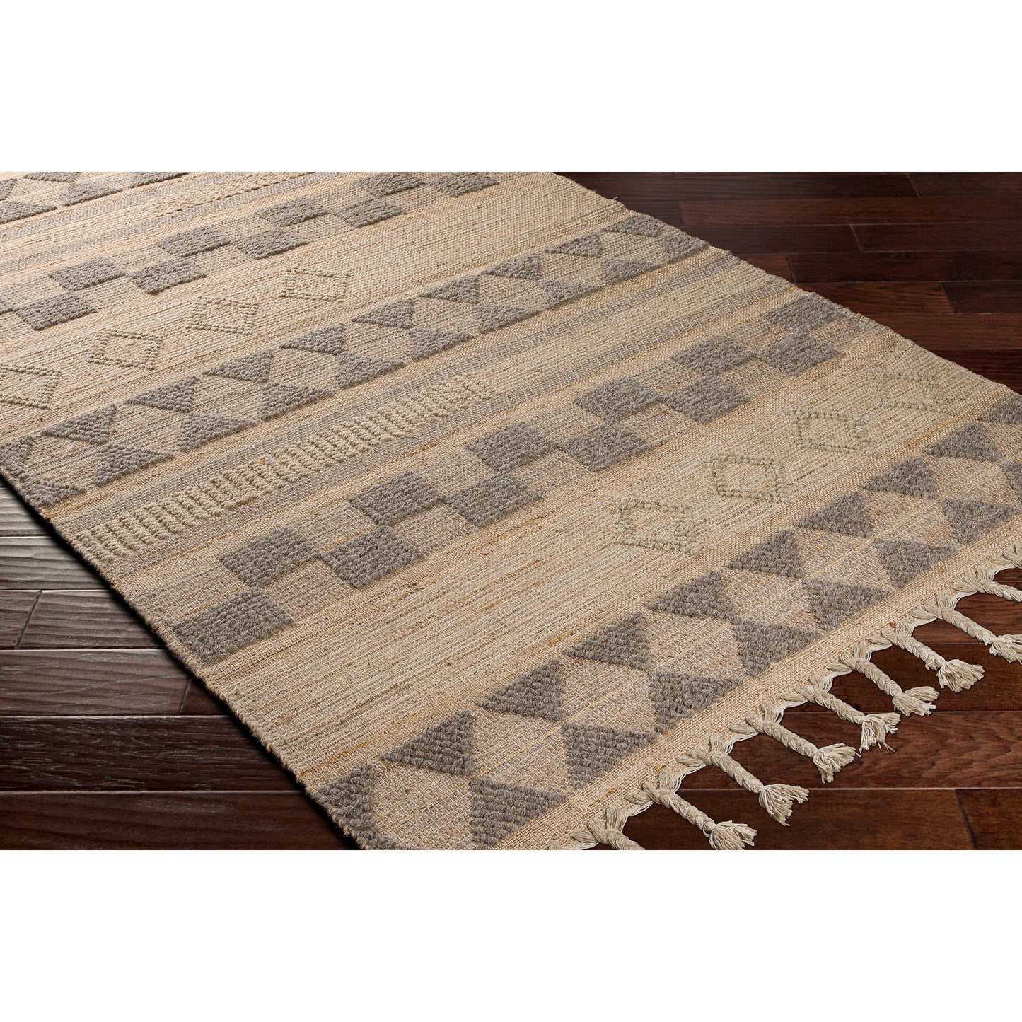 003 SI-1756595,SI-1756596,SI-1756598,SI-1756599,SI-1756600 | Closeup | Preston Rug - 29255 by Surya in tan, medium gray. Made from 50% jute, 50% wool in a unique style.