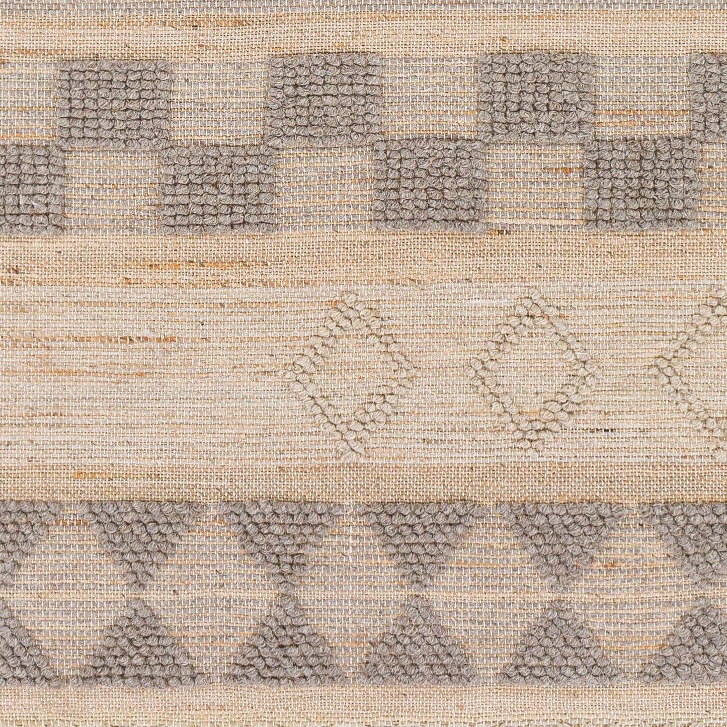 005 SI-1756595,SI-1756596,SI-1756598,SI-1756599,SI-1756600 | Closeup | Preston Rug - 29255 by Surya in tan, medium gray. Made from 50% jute, 50% wool in a unique style.