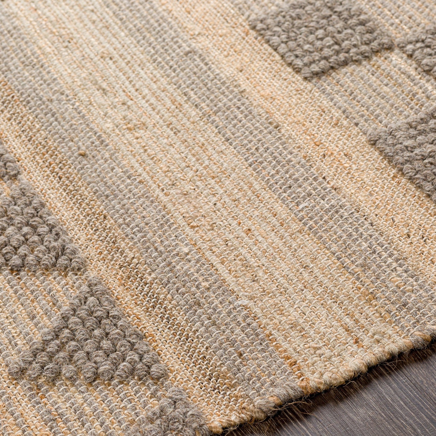 004 SI-1756595,SI-1756596,SI-1756598,SI-1756599,SI-1756600 | Closeup | Preston Rug - 29255 by Surya in tan, medium gray. Made from 50% jute, 50% wool in a unique style.