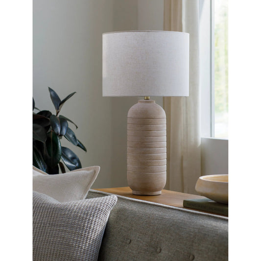 Pulsar Table Lamp - 531720 by Livabliss in body: brown, shade: beige, finial: metallic - brass, harp: metallic - brass, cord: translucent and paintedplated. Made from ceramic, linen, polyester, iron in a modern style.