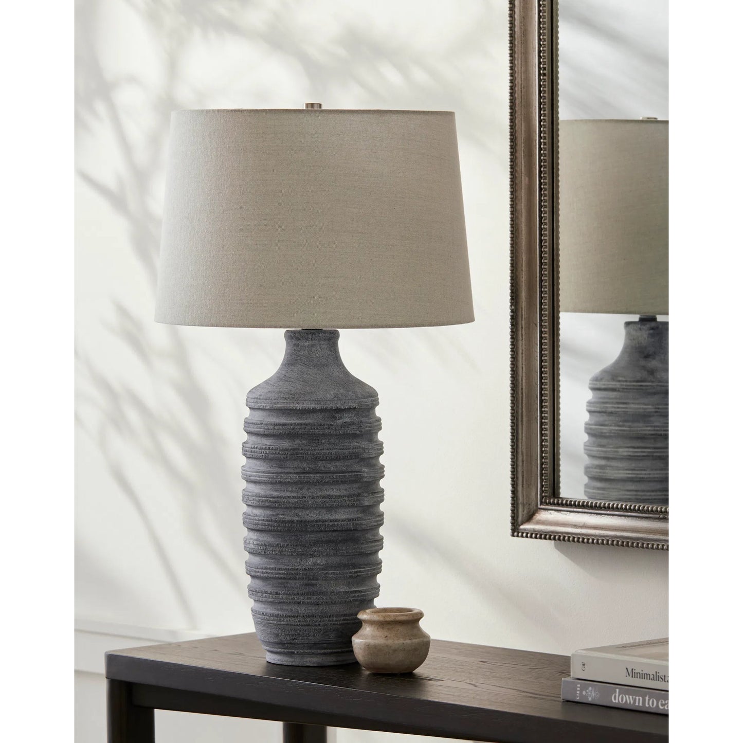 002 SI-2168126 | Lifestyle | Pavia Table Lamp - 531713 by Livabliss in body: light gray, shade (outside): light gray, shade (inside): cream, finial: metallic - nickel, harp: metallic - nickel, cord: translucent and coloredplated. Made from resin, linen, po