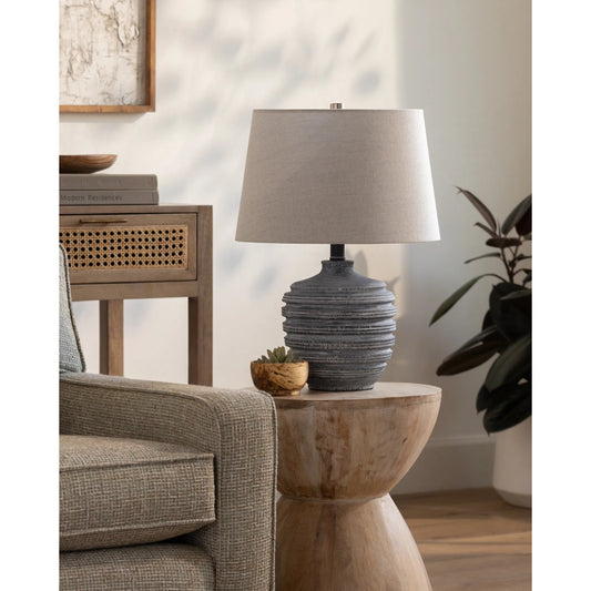Pavia Accent Table Lamp by Livabliss in body: light gray; shade (outside): light gray; shade (inside): cream; finial: metallic - nickel; harp: metallic - nickel; cord: translucent and coloredplated. Made from resin, linen, poly