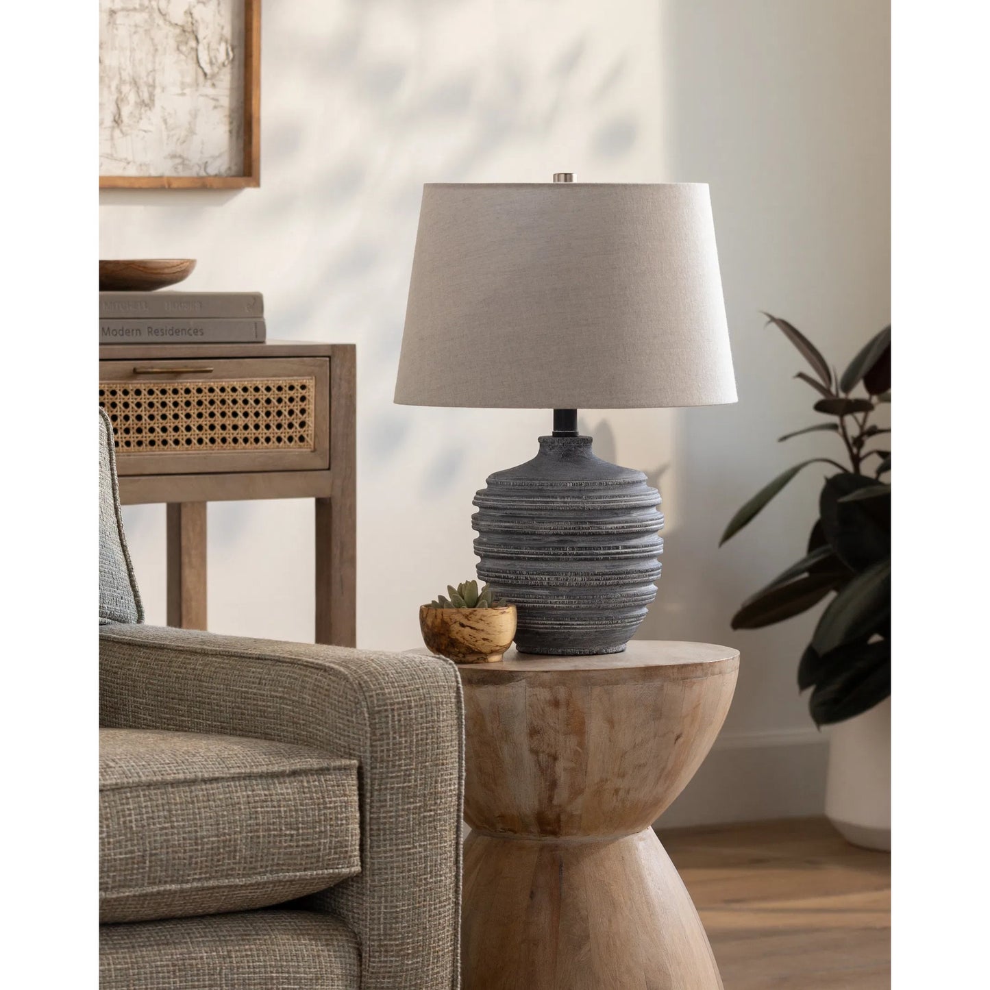 003 SI-2245601 | Lifestyle | Pavia Accent Table Lamp by Livabliss in body: light gray; shade (outside): light gray; shade (inside): cream; finial: metallic - nickel; harp: metallic - nickel; cord: translucent and coloredplated. Made from resin, linen, poly