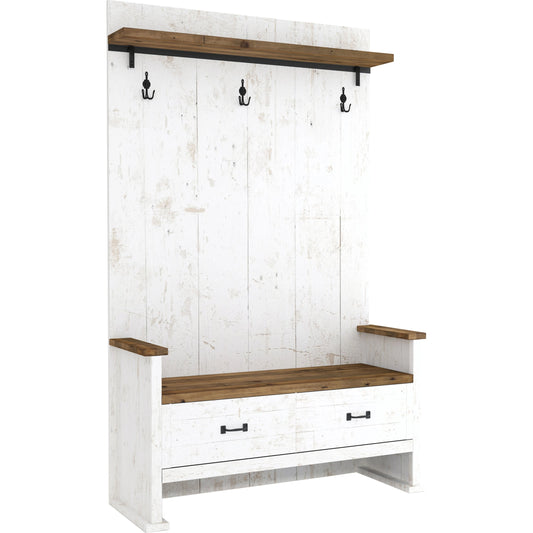 Provence Hall Bench by LH Imports in white, brown and antique white, rustic natural, rustic charcoal black. Made from fsc reclaimed pine, iron in a modern style.
