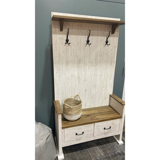 Provence Hall Bench by LH Imports in white, brown and antique white, rustic natural, rustic charcoal black. Made from fsc reclaimed pine, iron in a modern style.