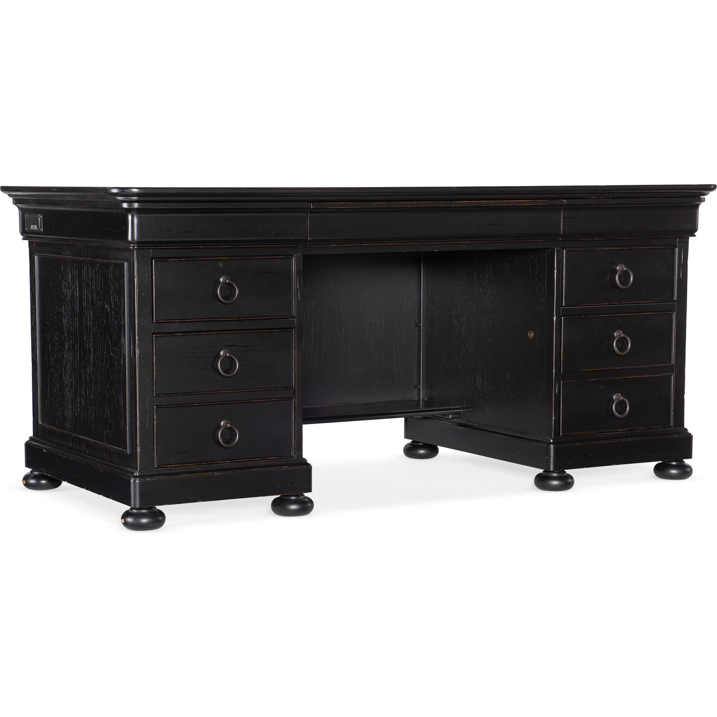 001 SI-1748467 | Additional Silo | Bristowe Executive Desk by Hooker Furniture in tuxedo black. Made from pecan veneers in a unique style.