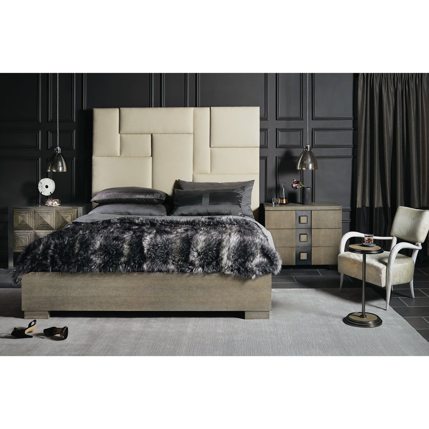 004 SI-1711571,SI-1711573 | Lifestyle | Mosaic Upholstered Bed by Bernhardt in dark taupe. Made from white oak veneers, fabric in a unique style.