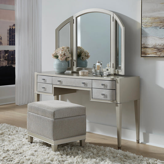 Zoey Vanity by Pulaski Furniture in champagne. Made from poplar wood, mdf, primavera veneers in a modern style.