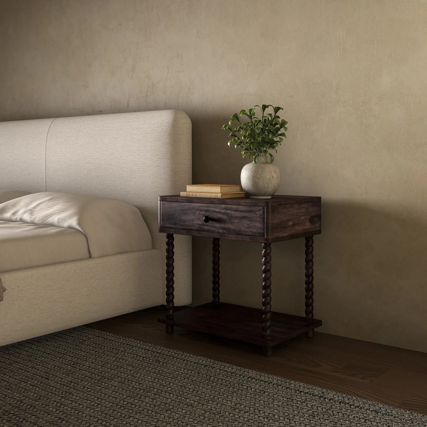 004 SI-2368365 | Lifestyle | Tabitha Nightstand by Moe's Home Collection in brown. Made from mango wood, iron in a traditional style.